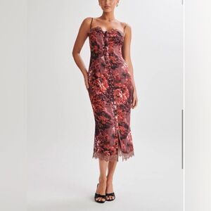 NEW Meshki Floral Lace Up Satin Midi Dress Women’s Size Large